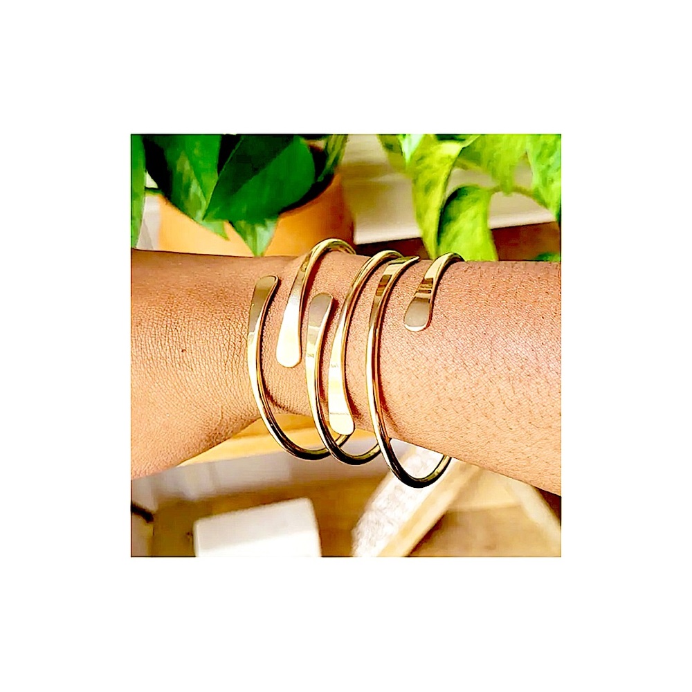 3 Pcs 14 Kt Gold Plated Open Cuff Bracelets Set Adjustable & Stackable Yellow